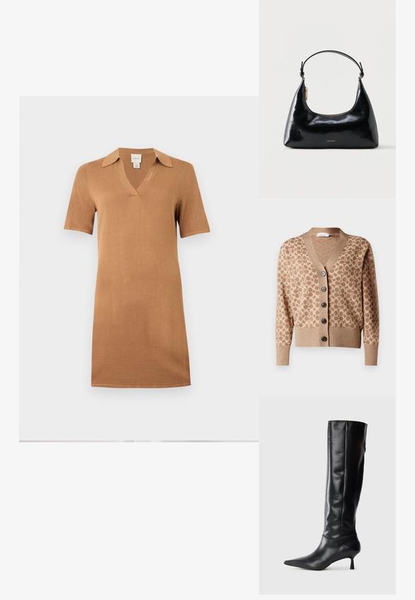 Beige cardigan met een bruin cirkelpatroon, v-hals ontwerp en zes donkere knopen. Heeft ribgebreide manchetten en zoom. Zacht, textuur stof.; Camelkleurige gebreide jurk met korte mouwen, kraag en V-hals, rechte snit, weergegeven tegen een witte achtergrond.; Zwarte leren kniehoge laars met een spitse neus en slanke gebogen hak. Gladde textuur, aansluitend ontwerp en geen zichtbare hardware of patronen.; Zwarte glanzende Calvin Klein handtas met gouden rits en korte band tegen een effen witte achtergrond.