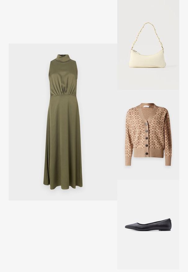 Beige Cardigan mit einem braunen kreisförmigen Muster, V-Ausschnitt-Design und sechs dunklen Knöpfen. Verfügt über gerippte Bündchen und Saum. Weicher, strukturiert Stoff.; Olivgrünes langes Kleid mit hohem Ausschnitt, ärmellosem Design und geraffter Taillendetailierung, gefertigt aus einem glatten, dehnbaren Stoff.; Schwarzer flacher Lederschuh mit spitzer Kappe und niedrigem Absatz, seitlich vor weißem Hintergrund gezeigt.; Kleine handtasche in Cremefarben mit geschwungener Form und geflochtenem, goldfarbenem Kettenhenkel, Reißverschluss oben