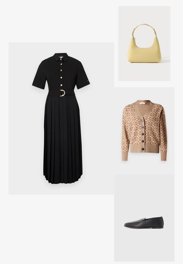 Cárdigan beige con un patrón circular marrón, diseño de escote en V y seis botones oscuros. Presenta puños y dobladillo acanalados. Tejido suave y texturizado.; Vestido negro de manga corta, con botones en la parte delantera, falda plisada y un cinturón ancho con una hebilla redonda dorada. Tela lisa, con detalles mínimos.; Mocasines de cuero negro con textura suave, punta redondeada y detalles de costura sutiles. Presentan un acento de logo dorado en el lateral superior.; Bolso de cuero amarillo con una silueta curva, correa corta ajustable y compartimento con cremallera. Presenta un logo sutil en el frente.