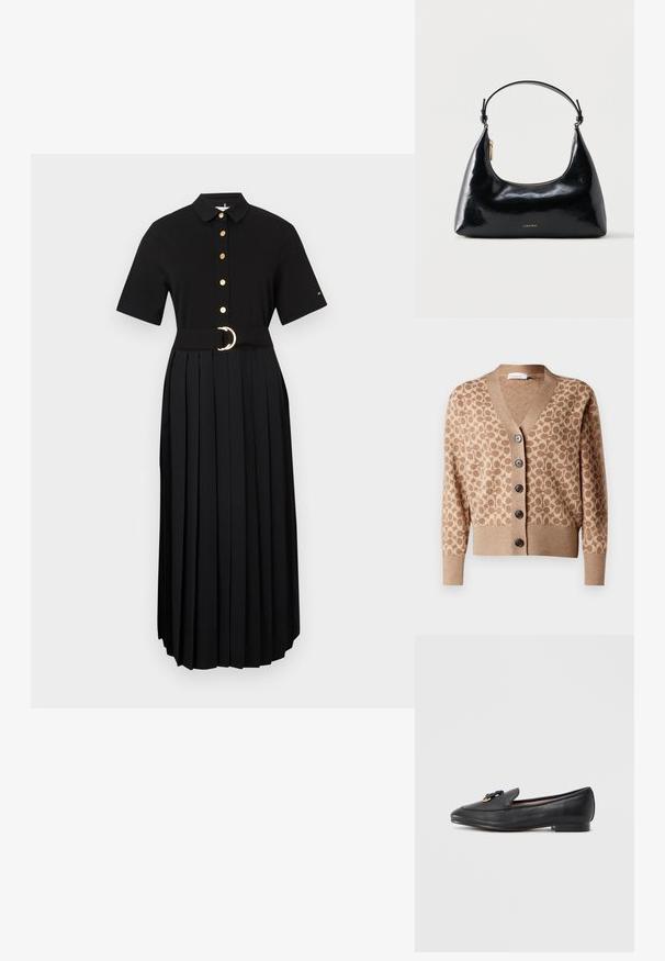 Cárdigan beige con un patrón circular marrón, diseño de escote en V y seis botones oscuros. Presenta puños y dobladillo acanalados. Tejido suave y texturizado.; Vestido negro de manga corta, con botones en la parte delantera, falda plisada y un cinturón ancho con una hebilla redonda dorada. Tela lisa, con detalles mínimos.; Mocasín de cuero negro con punta redondeada, un nudo decorativo y detalle dorado en la parte superior, y un tacón bajo y cuadrado. Textura lisa.; Bolso negro brillante de Calvin Klein con cremallera dorada y correa corta sobre un fondo blanco liso.