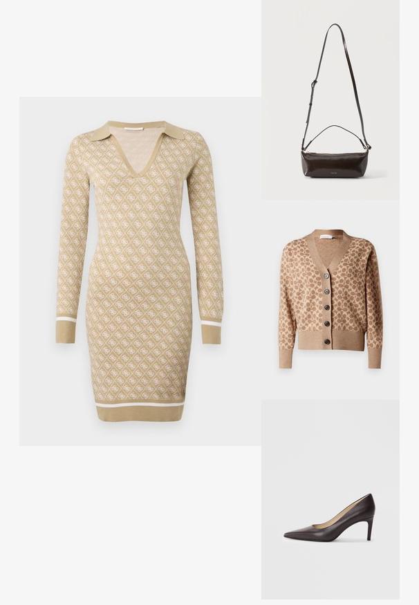 Cárdigan beige con un patrón circular marrón, diseño de escote en V y seis botones oscuros. Presenta puños y dobladillo acanalados. Tejido suave y texturizado.; Vestido de punto en beige con un patrón geométrico blanco, que presenta un cuello en V y mangas largas. Los detalles incluyen puños y dobladillo acanalados.; Zapato de tacón alto de cuero marrón con punta puntiaguda, tacón delgado de 7 cm, textura suave y diseño minimalista. Sin adornos visibles.; Pequeño bolso de hombro de cuero marrón oscuro brillante con correa ajustable, asa superior y cierre de cremallera dorado.