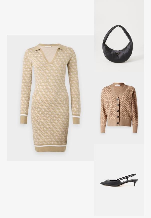 Beige cardigan med et brunt cirkulært mønster, v-hals design og seks mørke knapper. Har ribbede manchetter og kant. Blødt, struktureret stof.; Strikket kjole i beige med et hvidt geometrisk mønster, der har V-hals og lange ærmer. Detaljer inkluderer ribbede manchetter og kant.; Sorte slingback-sko med spids tå, lavet af glat materiale, med en lille hæl og en dekorativ sølvaccent på vamps.; Sort satin håndtaske med en buet form, der har en lynlåslukning og et trekantet logo i metal på forsiden. Glat tekstur og slankt design.