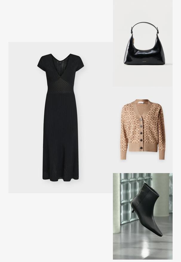 Cárdigan beige con un patrón circular marrón, diseño de escote en V y seis botones oscuros. Presenta puños y dobladillo acanalados. Tejido suave y texturizado.; Vestido midi de punto negro con mangas cortas, escote en V, cintura entallada y detalles texturizados de canalé y patrón de diamantes.; Botín negro de cuero con punta puntiaguda y tacón bajo estilo kitten, mostrado en ángulo sobre un suelo pulido y con una pared de bloques de vidrio de fondo.; Bolso negro brillante de Calvin Klein con cremallera dorada y correa corta sobre un fondo blanco liso.