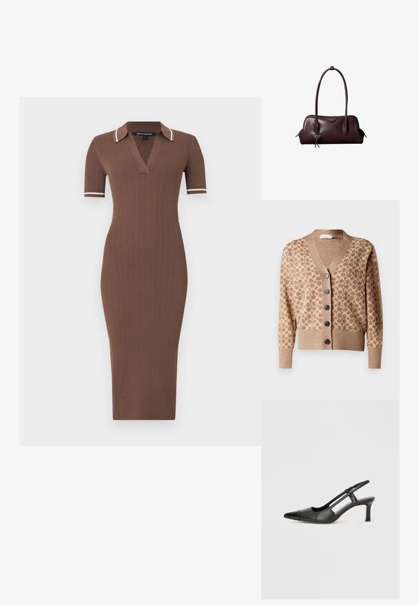 Beige cardigan med et brunt cirkulært mønster, v-hals design og seks mørke knapper. Har ribbede manchetter og kant. Blødt, struktureret stof.; Brun ribstrikket midi-kjole med korte ærmer, V-hals og krave med hvide stribedetaljer på krave og manchetter.; Sort læder slingback-sko med spids tå, der har en blank accent på tåhætten og en mellemhøj hæl. Åben sidesektion.; Mørkebrun lædertaske fra Calvin Klein med lange dobbelte håndtag og en lille logohængende ved det ene håndtag.