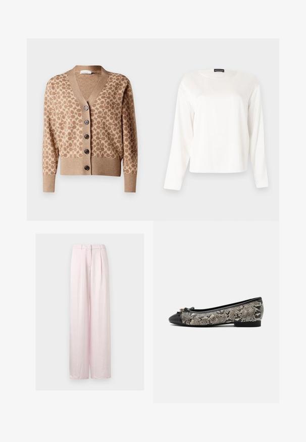 Cárdigan beige con un patrón circular marrón, diseño de escote en V y seis botones oscuros. Presenta puños y dobladillo acanalados. Tejido suave y texturizado.; Camiseta blanca de manga larga con cuello redondo y un ajuste holgado, exhibida sobre un fondo liso de color gris claro.; Pantalones de pierna ancha de talle alto en rosa pálido, con pliegues frontales, trabillas para cinturón y cierre oculto con botón y cremallera.; Zapato de ballet plano con puntera negra, detalle de lazo y cuerpo con estampado de serpiente gris, mostrado sobre un fondo blanco liso.