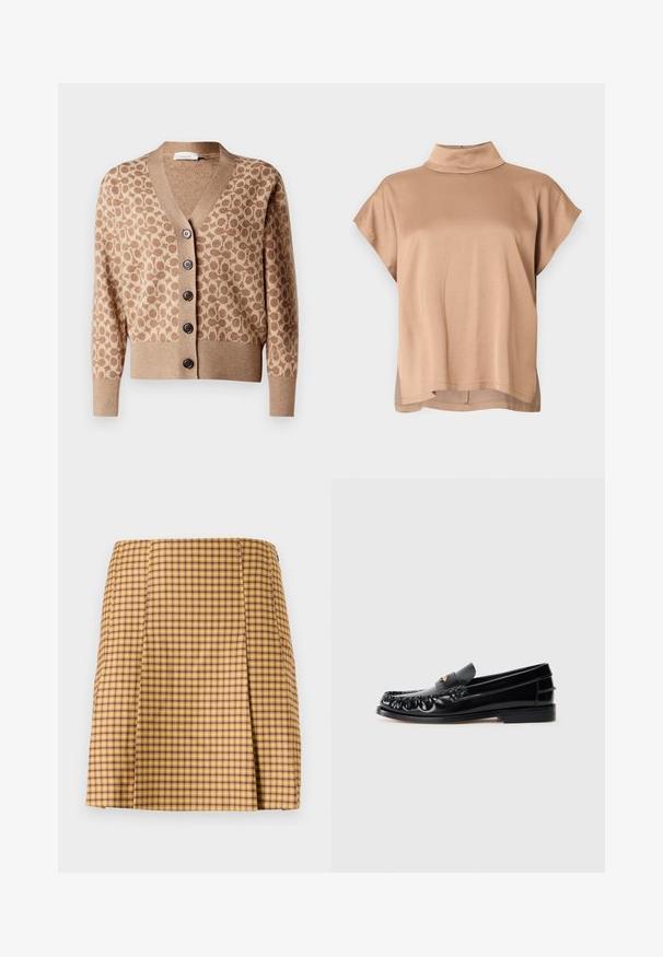 Beige cardigan med et brunt cirkulært mønster, v-hals design og seks mørke knapper. Har ribbede manchetter og kant. Blødt, struktureret stof.; Kortærmet top i lysebrunt stof med høj krave, afslappet pasform og en kant, der er en smule længere bagpå. Glat tekstur.; Gul og lilla ternet nederdel med lige snit, der har en subtil plissering foran og et glat tekstureret stof.; Sorte læder loafers med rund tå, dekorativ sying og en lille gul accent på vampen. Flad gummisål, slankt design.