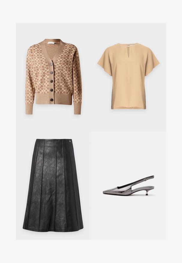 Cárdigan beige con un patrón circular marrón, diseño de escote en V y seis botones oscuros. Presenta puños y dobladillo acanalados. Tejido suave y texturizado.; Blusa beige con escote en lágrima y mangas cortas y anchas. Tela lisa con un ajuste relajado y dobladillo recto. Diseño minimalista.; Falda plisada negra hecha de cuero texturizado, con un zipper lateral oculto y un acento de logotipo en la cinturilla.; Zapato slingback gris metálico con punta puntiaguda, tacón bajo tipo kitten y correa ajustable sobre fondo blanco.