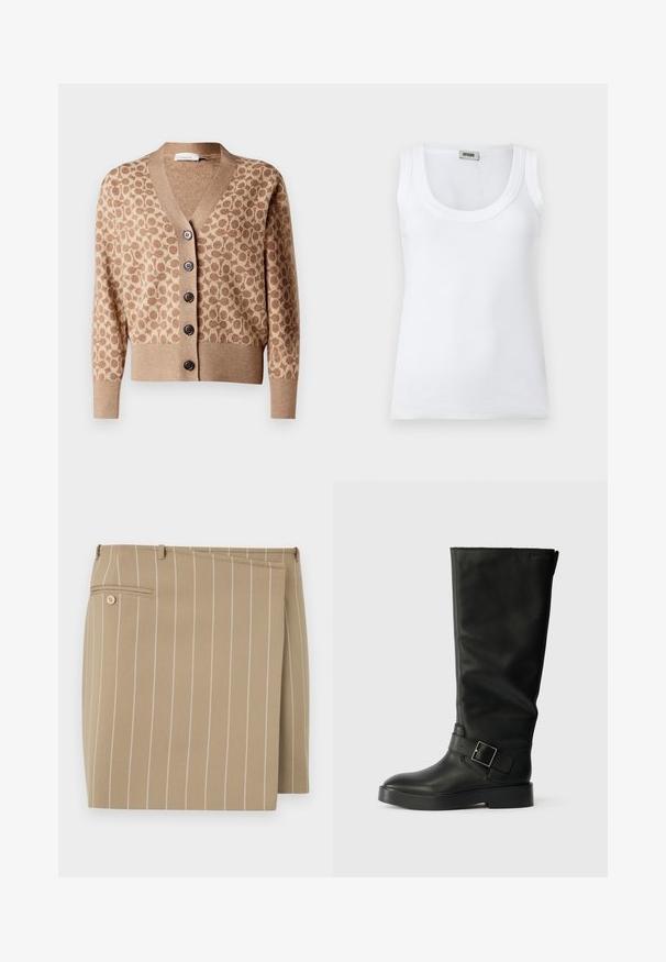 Beige cardigan met een bruin cirkelpatroon, v-hals ontwerp en zes donkere knopen. Heeft ribgebreide manchetten en zoom. Zacht, textuur stof.; Witte geribde mouwloze tanktop met een ronde halslijn en merkembleem aan de achterkraag, weergegeven op een egale witte achtergrond.; Beige rok met verticale witte strepen, gemaakt van een gestructureerde stof. Beschikt over een voorflap en een achterzak met een knoopdetail.; Zwarte kniehoge laarzen van glad leer, met een ronde neus, een dikke zool en een horizontale band met een rechthoekige gesp.