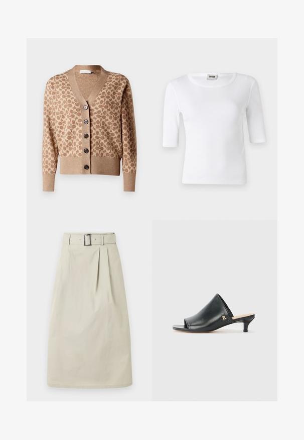 Beige cardigan med et brunt cirkulært mønster, v-hals design og seks mørke knapper. Har ribbede manchetter og kant. Blødt, struktureret stof.; Hvid ribbet T-shirt med rund halsudskæring og ærmer til albuerne. Fremstillet af blødt stof med en glat overflade. Etiketten er synlig ved halsudskæringen.; Beige knælange nederdel med forreste plissering og matchende bælte med rektangulært sølvspænde, vist på en ensfarvet baggrund.; Sorte læder open-toe mules med en lav hæl. Har en glat overflade og et guld logo-prim på siden.