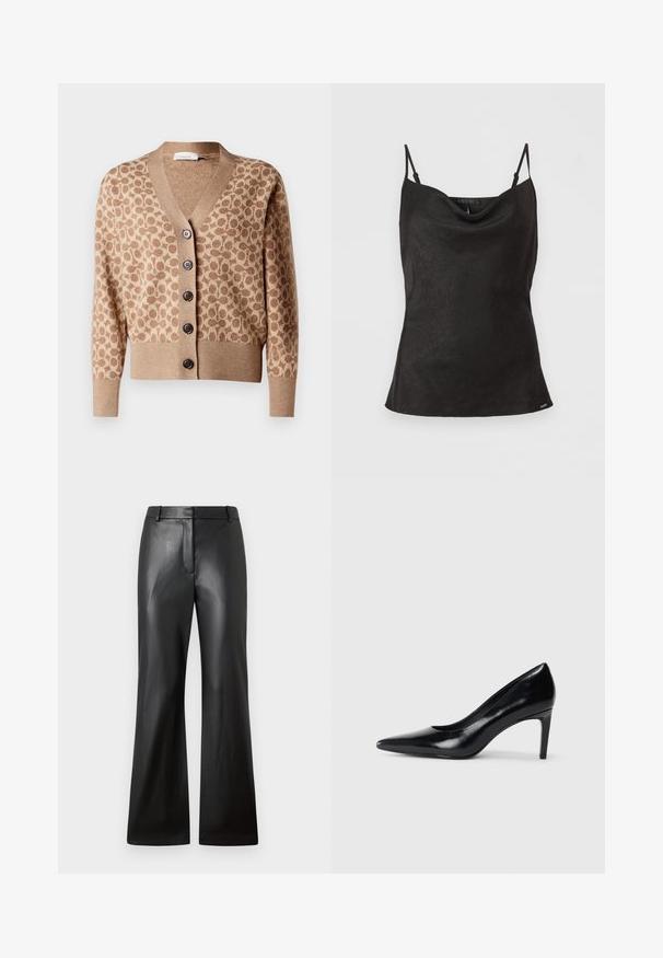 Cárdigan beige con un patrón circular marrón, diseño de escote en V y seis botones oscuros. Presenta puños y dobladillo acanalados. Tejido suave y texturizado.; Top de satén negro tipo cami con tirantes ajustables, escote drapeado y textura geométrica sutil. Cuenta con pequeños adornos como detalle.; Pantalones de cuero negro con una textura suave, diseño de pierna ancha y una cinturilla de altura media que presenta trabillas para cinturón y bolsillos frontales.; Zapato de tacón alto de cuero negro con punta afilada, textura suave y tacón en forma de cono. Diseño minimalista, sin adornos adicionales.