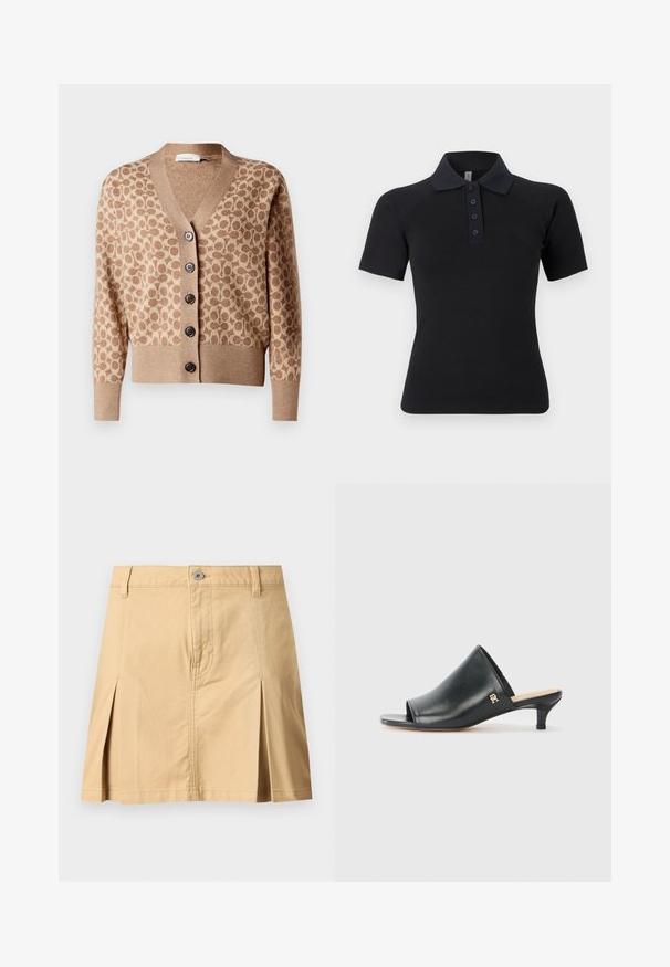 Cárdigan beige con un patrón circular marrón, diseño de escote en V y seis botones oscuros. Presenta puños y dobladillo acanalados. Tejido suave y texturizado.; Polo negro de manga corta, con cuello acanalado y tapeta de cinco botones. Presenta una tela suave y elástica.; Falda beige hasta la rodilla con trabillas para cinturón, cierre con botones frontales, dos pliegues delanteros y costuras visibles sobre fondo liso.; Mules de cuero negro de punta abierta con un tacón bajo. Presentan una superficie lisa y un acento del logo dorado en el costado.