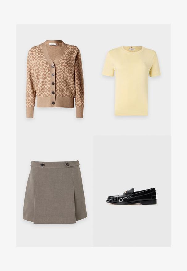 Cárdigan beige con un patrón circular marrón, diseño de escote en V y seis botones oscuros. Presenta puños y dobladillo acanalados. Tejido suave y texturizado.; Camiseta amarilla de manga corta hecha de tela suave, con un cuello redondo y un pequeño logotipo en la parte izquierda del pecho. Textura suave.; Minifalda de terciopelo topo con solapa frontal, dos botones negros en la cintura y un sutil detalle del logotipo en el dobladillo.; Mocasines de cuero negro con puntera redondeada, costuras decorativas y un pequeño acento dorado en el empeine. Suela plana de goma, diseño elegante.