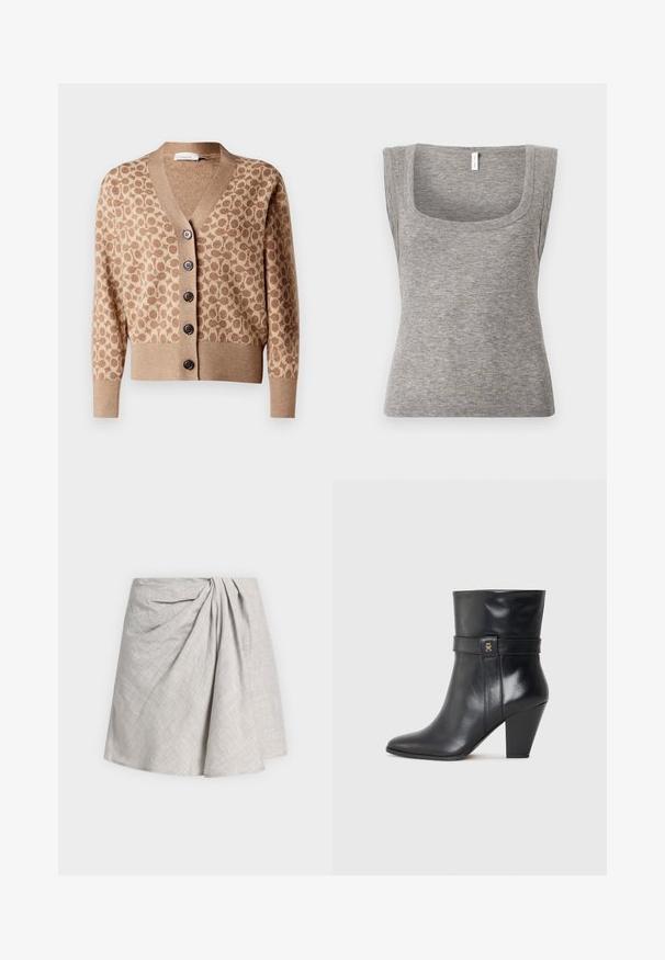 Beige Cardigan mit einem braunen kreisförmigen Muster, V-Ausschnitt-Design und sechs dunklen Knöpfen. Verfügt über gerippte Bündchen und Saum. Weicher, strukturiert Stoff.; Graues ärmelloses geripptes Tanktop mit quadratischem Ausschnitt und enger Passform, das eine glatte Textur und leichte Dehnbarkeit zeigt.; Hellgrauer knielanger Rock mit drapierten Falten und subtiler Kreuzschraffur-Struktur, dargestellt auf schlichtem weißem Hintergrund.; Tommy Hilfiger High Heel Stiefelette - black