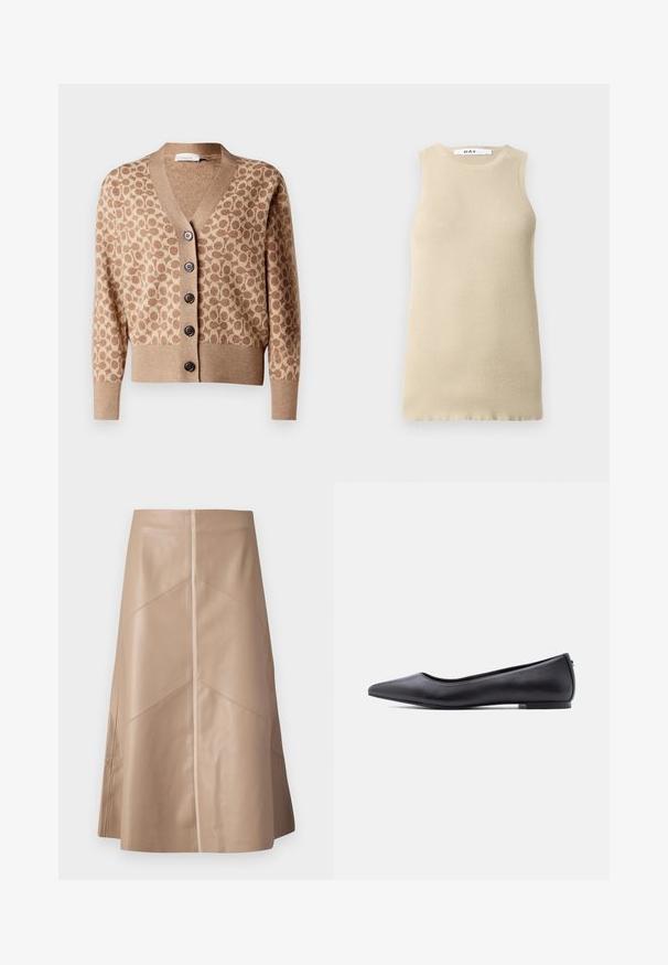 Beige cardigan med et brunt cirkulært mønster, v-hals design og seks mørke knapper. Har ribbede manchetter og kant. Blødt, struktureret stof.; Beige ribbet ærmeløs top med rund halsudskæring, der har en tætsiddende pasform og glat tekstur, ideel til lag-på-lag eller varmt vejr.; Beige faux læder A-line nederdel med diskrete paneldetaljer og en glat mat overflade, knælang og højliv.; Sort flad lædersko med spidst tåparti og lav hæl, vist i sideprofil mod en hvid baggrund.