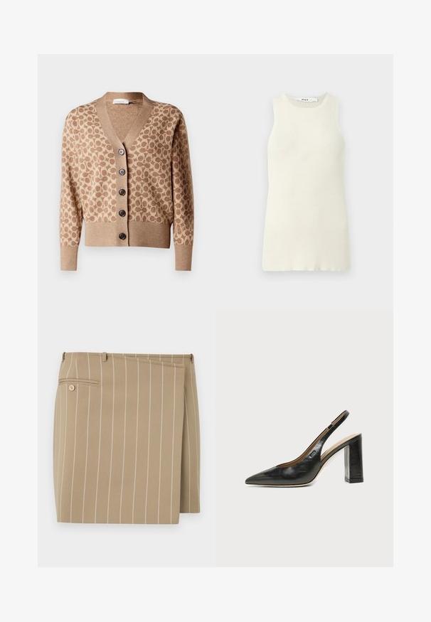 Beige Cardigan mit einem braunen kreisförmigen Muster, V-Ausschnitt-Design und sechs dunklen Knöpfen. Verfügt über gerippte Bündchen und Saum. Weicher, strukturiert Stoff.; Ärmelloses cremefarbenes Tanktop aus geripptem Stoff, mit rundem Halsausschnitt und enger Passform. Keine sichtbaren Muster oder Akzente.; Beige Rock mit vertikalen weißen Streifen, aus einem strukturierten Stoff gefertigt. Verfügt über eine vordere Klappe und eine rückwärtige Tasche mit einem Knopfdetail.; Schwarzer Leder-Slingback-Schuh mit spitzer Kappe, hohem Blockabsatz und beigegefüttertem Innenraum vor hellem, einfarbigem Hintergrund.