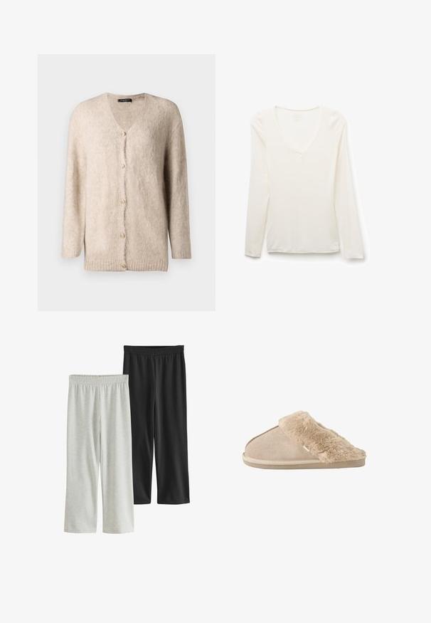 Gilet beige clair fabriqué en tissu doux et duveteux. Il présente un col en V, des manches longues et six boutons dorés décoratifs sur le devant.; T-shirt blanc manches longues col en V, coupe slim, posé à plat sur fond blanc.; Deux paires de pantalons cropped : l'une grise, l'autre noire. Les deux disposent de ceintures élastiques et d'une texture de tissu douce et lisse.; Chausson beige à enfiler avec extérieur en daim doux et doublure intérieure moelleuse et duveteuse ainsi qu'un revers, conçu pour le confort à l'intérieur.