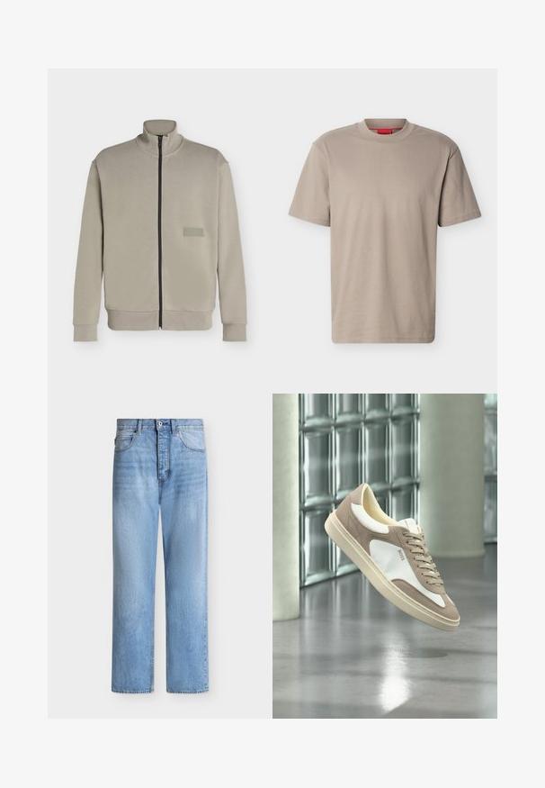 Veste beige à fermeture éclair avec col montant, manches longues et petit patch logo rectangulaire sur la poitrine gauche indiquant "BOSS".; T-shirt beige à manches courtes et col rond avec un logo "HUGO" subtilement embossé sur la poitrine et une étiquette rouge à l'intérieur de l'encolure.; Jean droit en denim bleu clair avec fermeture par bouton et zip, poches avant et arrière, et passants de ceinture à la taille.; Baskets en suède beige et blanc avec lacets et logo « BOSS », flottant au-dessus d’un sol en béton poli avec des murs en blocs de verre en arrière-plan.