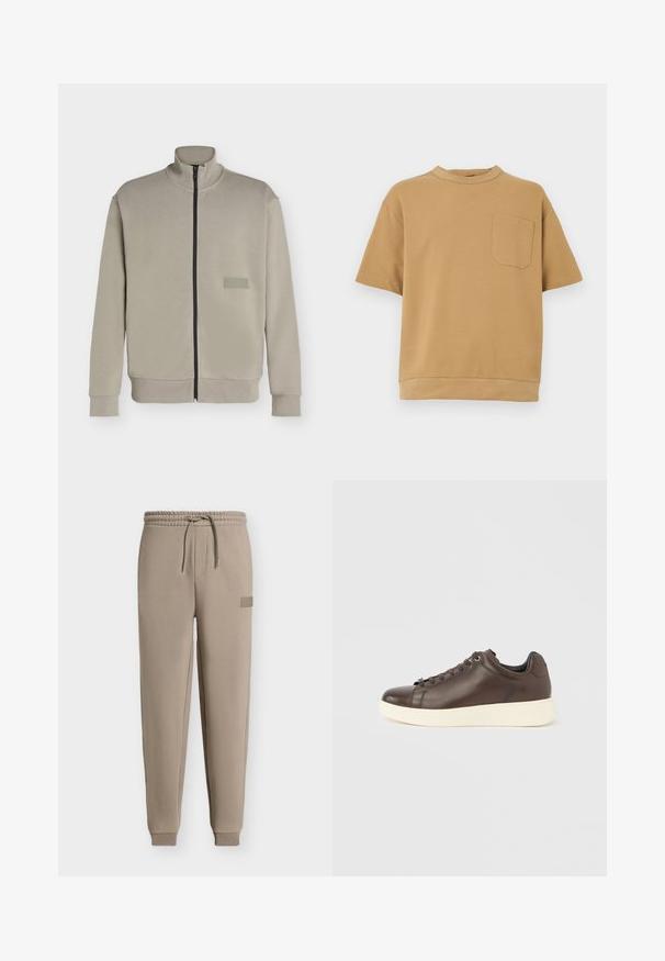 Veste beige à fermeture éclair avec col montant, manches longues et petit patch logo rectangulaire sur la poitrine gauche indiquant "BOSS".; T-shirt à manches courtes en coton marron clair, avec un col rond et une poche poitrine unique ornée d'une couture droite.; Pantalon de jogging beige avec taille élastique, cordon de serrage, bas de jambes resserrés et petite étiquette logo rectangulaire sur la partie supérieure de la cuisse gauche.; Baskets en cuir marron avec une finition lisse, bout rond, semelle en caoutchouc blanche et fermeture à lacets avec œillets. Design minimaliste.