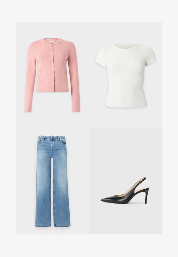 Cardigan rose clair à manches longues avec col rond et sept boutons beiges sur le devant, présenté sur un fond uni.; T-shirt court blanc côtelé à manches courtes avec col rond sur fond uni.; Jean en denim bleu clair avec une taille haute, fermeture par bouton et zip, jambes larges et droites, et poches devant et derrière.; Escarpins en cuir noir avec une pointe fine, une bride ajustable et un talon aiguille élégant, présentant une finition lisse.
