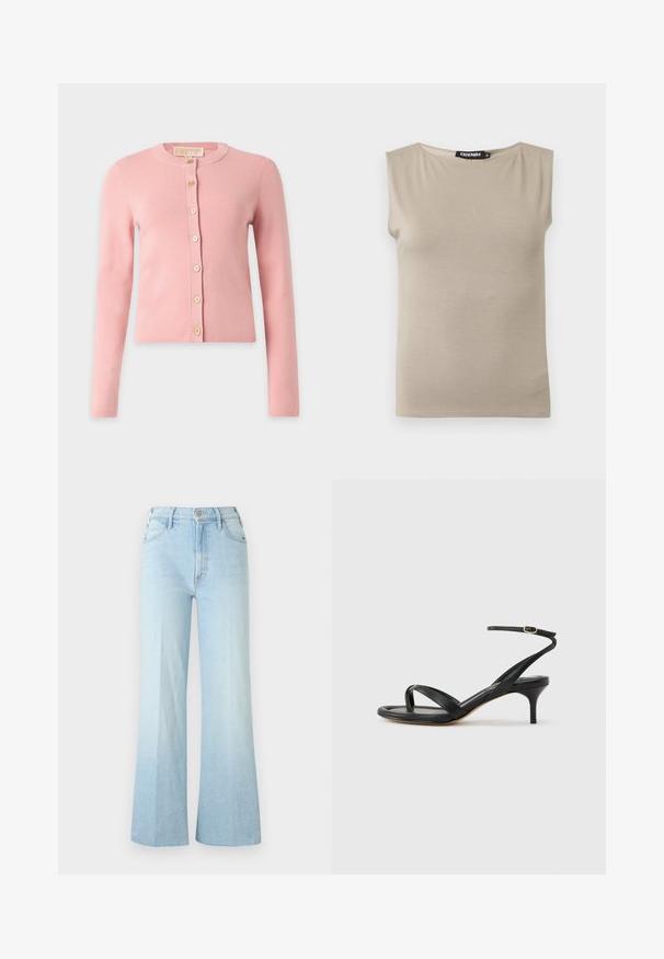 Cardigan rose clair à manches longues avec col rond et sept boutons beiges sur le devant, présenté sur un fond uni.; Haut beige en coton sans manches avec larges bretelles et col rond, taille moyenne, posé à plat sur fond blanc.; Jean bleu clair taille haute à jambes larges avec bouton devant, fermeture éclair et poches, présenté sur un fond blanc uni.; Sandale pour femme en cuir noir avec fines lanières, une boucle d'orteil, une boucle à la cheville et un talon aiguille de hauteur moyenne sur un fond neutre.