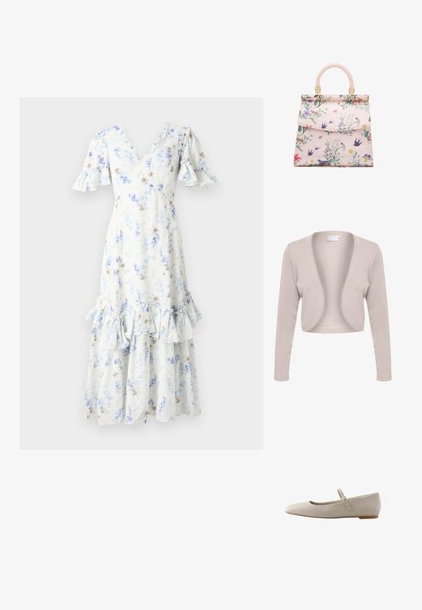 Cardigan beige court avec manches longues, design ouvert à l'avant, texture côtelée et tissu doux. Aucun système de fermeture ni motifs visibles.; Robe midi fleurie en bleu clair et blanc avec des manches bouffantes, un col en V et un ourlet à volants, ornée de accents et motifs en marron foncé éparpillés.; Chaussure plate couleur crème avec bout pointu et fine bride réglable avec boucle dorée sur le cou-de-pied, vue de côté.; Sac à main à motif floral avec un extérieur synthétique rose pâle, une forme structurée, une poignée incurvée, des accessoires en or et une fermeture à rabat.