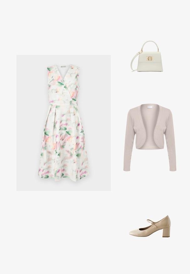Cárdigan beige cortado con mangas largas, diseño de frente abierto, textura de canalé y tejido suave. Sin cierres ni patrones visibles.; Vestido midi blanco sin mangas con estampado floral en acuarela en tonos pastel, cuerpo cruzado con escote en V, cintura ceñida y falda plisada.; Zapato Mary Jane de piel beige con puntera redondeada, correa con hebilla y tacón bajo en bloque.; Pequeño bolso blanco de mano con asa superior, correa de hombro desmontable y cierre rectangular dorado en la solapa frontal.