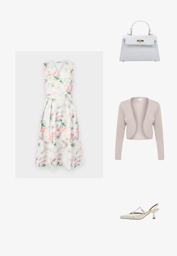 Cardigan beige court avec manches longues, design ouvert à l'avant, texture côtelée et tissu doux. Aucun système de fermeture ni motifs visibles.; Robe midi blanche sans manches avec imprimé floral aquarelle pastel, corsage cache-cœur en V, taille cintrée et jupe plissée.; Escarpins slingbacks en cuir verni blanc avec un bout pointu, un design en T, des boucles ajustables et un talon élancé et sculpté.; ESTRO Sac à main - white