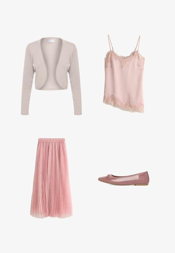 Cárdigan beige cortado con mangas largas, diseño de frente abierto, textura de canalé y tejido suave. Sin cierres ni patrones visibles.; Camisola de satén rosa claro con borde de encaje floral en el escote, dobladillo y laterales, con finas tirantes ajustables.; Falda midi plisada rosa con una capa inferior de encaje y cinturilla fruncida, mostrada sobre un fondo blanco.; Jenny FLATS BALLERINAS - Bailarinas - pink