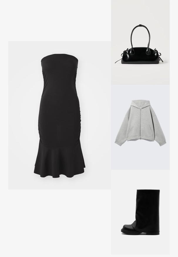 Light gray zip-up hoodie with a hood, long sleeves, and front pockets laid flat on a light background.; Black, strapless dress with a fitted bodice, gathered texture on the sides, and a flared hem. Made from stretchy fabric for comfort.; Black high leather boot with a wide, loose upper shaft and a thick, rounded sole on a white background.; Small black glossy handbag with two long handles and side drawstring details on a plain light background.