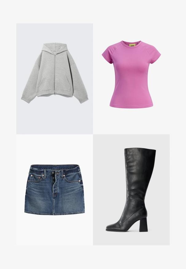 Lysegrå hættetrøje med lynlås, hætte, lange ærmer og forlommer lagt fladt på en lys baggrund.; Lille pink T-shirt med rund halsudskæring, korte raglanærmer og en tætsiddende pasform. Fremstillet af glat bomuldsstof. Mærket synligt indeni.; Denim mininederdel i mørkeblå. Har fem-knaps lukning, to forlommer og diskret falmet effekt. Syning langs kanterne.; Sort knæhøj støvle lavet af glat læder, med firkantet tå og kraftig blokhæl. Enkel design uden pynt.
