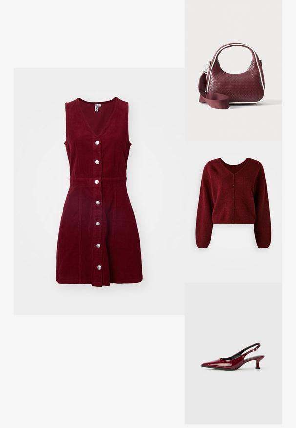 Cardigan corto burdeos hecho de material esponjoso con escote en V, cierre de botones y mangas largas y sueltas.; ONLY ONLMOXIE DRESS - Vestido informal - cabernet; Zapatos de tacón slingback de charol burdeos con puntera afilada y elegante tacón de aguja. Diseño de espalda abierta con detalle de tira ajustable en el tobillo.; Bolso de mano de cuero tejido color granate con asa curva, ribete blanco, cremallera plateada y correa desmontable de tela ancha para el hombro sobre fondo liso.