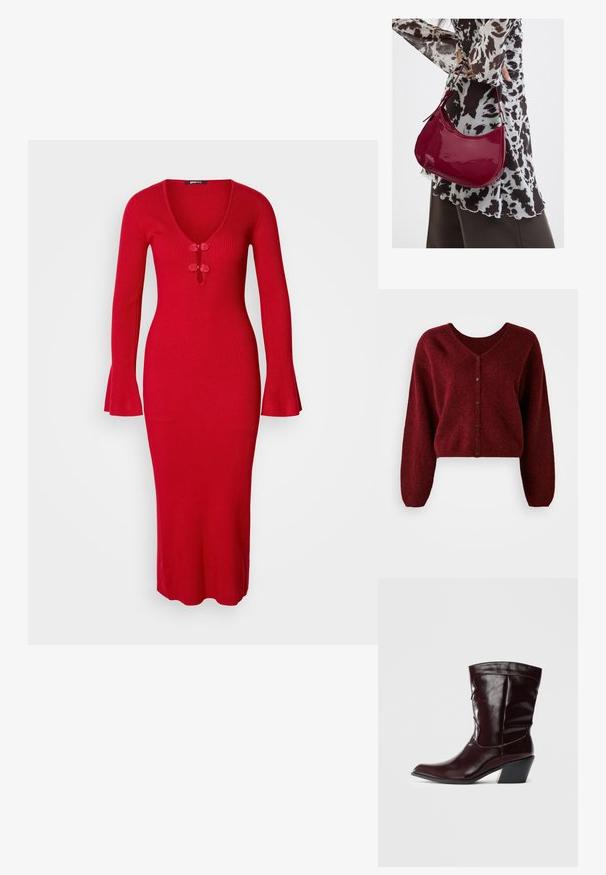 Geknipte bordeaux cardigan gemaakt van pluizig materiaal met een V-hals, knoopsluiting en lange, losse mouwen.; Rode geribbelde gebreide jurk met een V-halslijn, drie decoratieve knopen en klokmouwen. De jurk heeft een aansluitende silhoeët en een lengte tot de knieën.; Bordeaux leren enkellaarsjes met een spitse neus, textuur op het oppervlak en een taps toelopende lage hak. Heeft subtiele stiksels en een strakke pasvorm.; Vrouw met een zwart-wit gebloemde blouse houdt een glanzende rode schoudertas vast tegen een effen achtergrond.