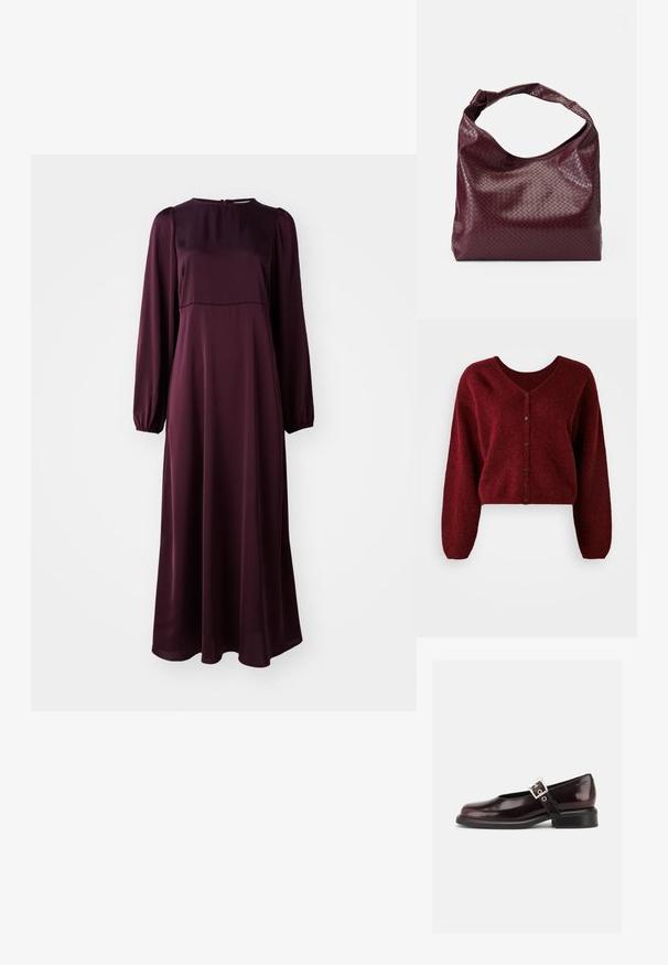 Geknipte bordeaux cardigan gemaakt van pluizig materiaal met een V-hals, knoopsluiting en lange, losse mouwen.; Langermige, vloerlange jurk van diep burgundy stof. Gladde textuur, ronde halslijn, gathered mouwen en een rits aan de achterkant.; Enkele glanzende donker bordeauxrode Mary Jane schoen met brede band en zilveren gesp, lage blokhak en afgeronde neus op witte achtergrond.; Bordeauxrode tas met een gestructureerd, geweven patroon, zacht leermateriaal en een enkele, geknoopte handgreep. Ruim, hobo-stijl ontwerp.