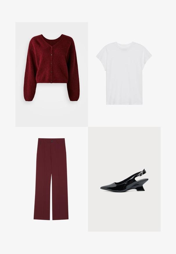 Geknipte bordeaux cardigan gemaakt van pluizig materiaal met een V-hals, knoopsluiting en lange, losse mouwen.; Witte t-shirt met korte mouwen, ronde hals, relaxte pasvorm, gemaakt van zacht katoen. Glad textuur, geen patronen of logo's.; Bordeauxkleurige broek met een wijd pootontwerp, voorzien van een knoopsluiting, twee zijzakken en vooraan geplooide details. Soepele stofstructuur.; Zwarte lakleren slingback schoen met spitse neus en lage schuine blokhak op een effen lichte achtergrond.