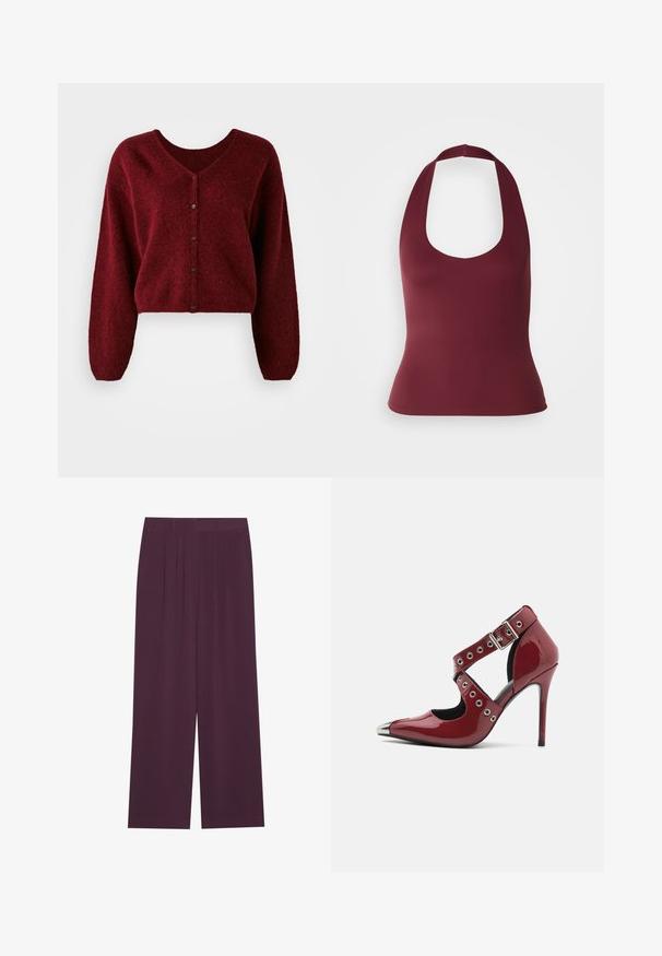 Geknipte bordeaux cardigan gemaakt van pluizig materiaal met een V-hals, knoopsluiting en lange, losse mouwen.; Bordeaux haltertop met een scoophals, gemaakt van gladde stof, met een aangesloten silhouet en brede bandjes aan de achterkant.; Brede broek in diep paarse stof, met plooien, een soepele textuur en zijzakken voor extra functionaliteit.; Rode laklederen hoge hak schoen met uitsnijdingen, zilveren ronde oogjes, en een spitse neus, voorzien van een metallic accent op de neus.