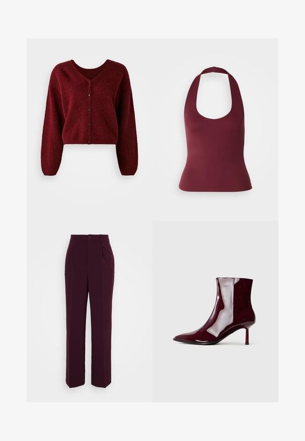 Geknipte bordeaux cardigan gemaakt van pluizig materiaal met een V-hals, knoopsluiting en lange, losse mouwen.; Bordeaux haltertop met een scoophals, gemaakt van gladde stof, met een aangesloten silhouet en brede bandjes aan de achterkant.; Bordeaux geklede broek in een recht model, met een knoopsluiting en plooien, gemaakt van een gladde stof met een matte afwerking.; Glanzende donkerrode enkellaars met pointed toe en dunne, middelhoge hak op een effen lichte achtergrond.