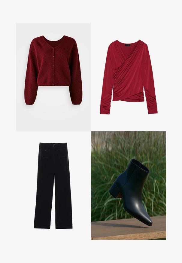 Geknipte bordeaux cardigan gemaakt van pluizig materiaal met een V-hals, knoopsluiting en lange, losse mouwen.; Rode lange mouwen top met een wikkelontwerp, gedrapeerd materiaal, ruches aan de zijkanten en een ronde halslijn. Zacht, rekbaar materiaal.; Zwarte fluwelen wijde broek met twee achterzakken en een gladde textuur, met een rechte snit en afgewerkte zoom bij de enkels.; Zwarte leren enkellaars met blokhak, puntige neus, weergegeven boven een houten oppervlak met een groene wazige grasachtergrond.