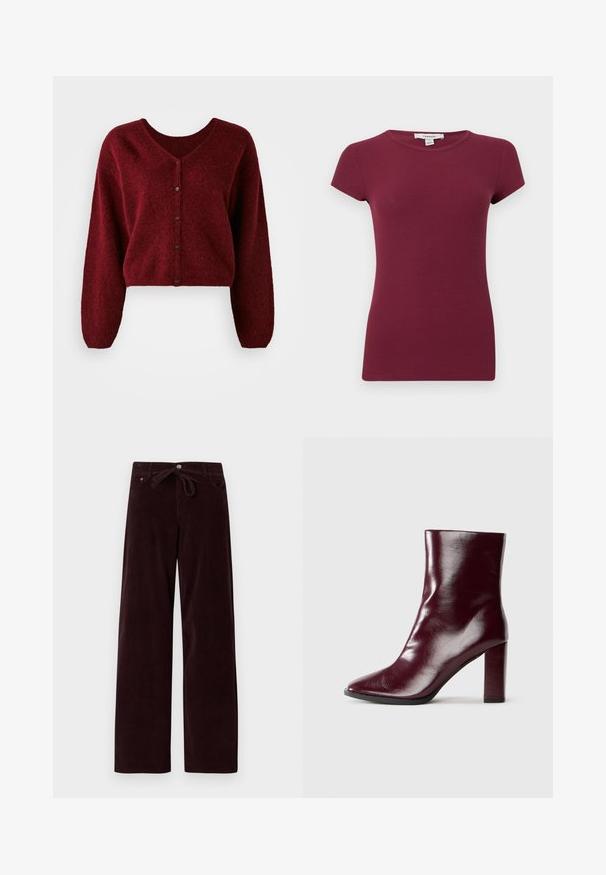 Geknipte bordeaux cardigan gemaakt van pluizig materiaal met een V-hals, knoopsluiting en lange, losse mouwen.; Paars geribd T-shirt met korte mouwen, ronde hals, een aangesloten silhouet en een effen textuur, gepresenteerd tegen een effen achtergrond.; Donker bordeauxkleurige corduroybroek met een losse pasvorm, voorzien van een strikceintuur en zijzakken. De textuur is geribbeld en de stof lijkt zacht te zijn.; Blinkend donker bordeauxleren laars tot halverwege het kuit met een puntige neus en een hoge blokhak op een neutrale achtergrond.