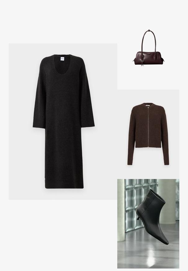 Cardigan zippé en tricot peluche marron foncé avec des manches longues et des bords côtes au niveau des poignets et de l'ourlet, présenté sur un fond clair uni.; Robe tricotée noire longue avec des manches longues et un col rond, présentée à plat sur un fond blanc.; Bottine en cuir noir à bout pointu et petit talon kitten, présentée en angle devant un sol poli et un mur en blocs de verre.; Sac à main en cuir brun foncé Calvin Klein avec de longues poignées doubles et un petit porte-clé logo suspendu à une poignée.