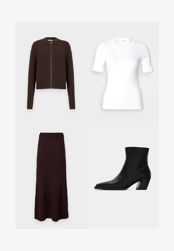 Cardigan zippé en tricot peluche marron foncé avec des manches longues et des bords côtes au niveau des poignets et de l'ourlet, présenté sur un fond clair uni.; T-shirt blanc à manches courtes en coton lisse, doté d'un col rond et d'une coupe ajustée. Design classique, sans motifs ni accents.; Jupe tricotée marron foncé longueur genou avec une taille droite et un léger évasement à l'ourlet sur fond blanc.; Bottine en cuir noir avec un bout pointu, une silhouette élégante et un talon carré massif. Texture lisse avec des détails de couture minimalistes.