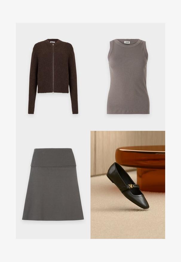Cardigan zippé en tricot peluche marron foncé avec des manches longues et des bords côtes au niveau des poignets et de l'ourlet, présenté sur un fond clair uni.; Débardeur gris côtelé avec un col rond et un design sans manches, fabriqué à partir d'un tissu doux et texturé. Silhouette simple et ajustée.; Jupe gris foncé avec une large ceinture élastique côtelée et une légère forme évasée sur fond blanc.; Chaussure plate en cuir noir avec bout pointu et logo CK doré sur la bride, posée sur un tapis beige près d'une table ronde couleur ambre brun.