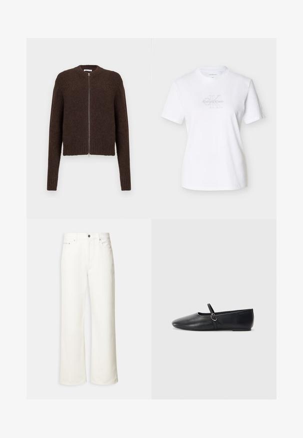 Cardigan zippé en tricot peluche marron foncé avec des manches longues et des bords côtes au niveau des poignets et de l'ourlet, présenté sur un fond clair uni.; T-shirt en coton blanc à manches courtes, avec un logo frontal en texte gris, un col arrondi et une coupe classique.; Jean blanc à jambes larges avec boutons à l'avant, passants de ceinture et design à cinq poches.; Ballerines noires en cuir avec un bout pointu, une semelle plate et une petite sangle avec un détail de boucle en argent.