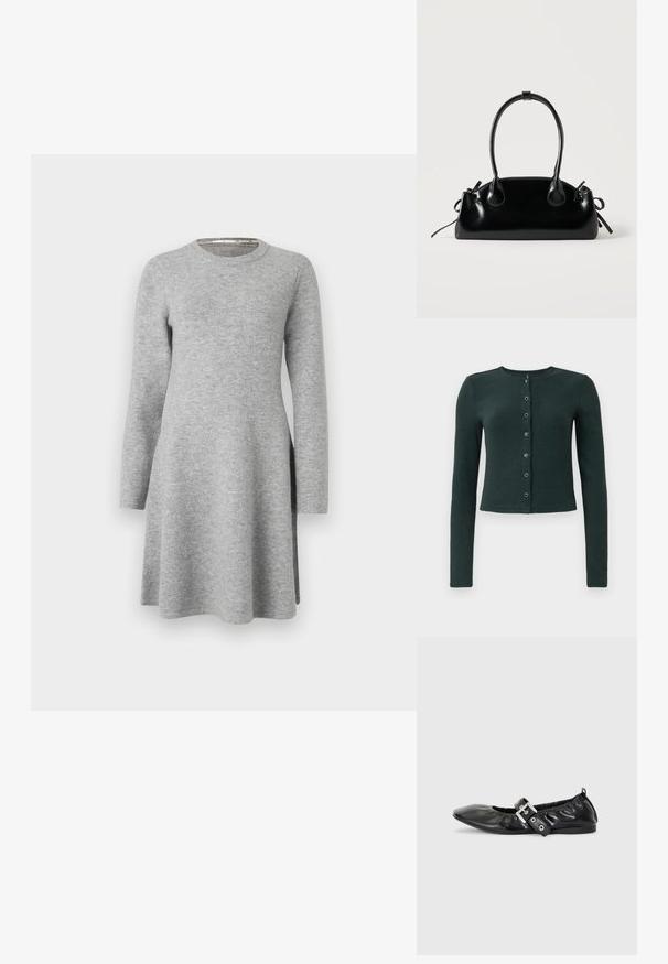 Donkergroene geribde cardigan met lange mouwen, ronde halslijn en een knoopsluiting aan de voorkant met zes metalen knopen.; Grijze langslavend dress van zachte stof; heeft een ronde halslijn en een ontspannen pasvorm, die iets uitloopt aan de zoom met zijsplitten.; Zwarte leren platte schoen met een spitse neus, geplooide details rond de opening en een zilveren gespaccentueerde verstelbare band.; Kleine zwarte glanzende handtas met twee lange hengsels en zijkant trekkoord details op een effen lichte achtergrond.