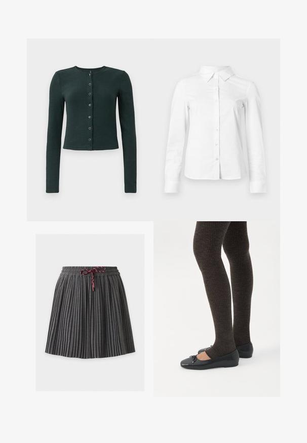Cardigan côtelé vert foncé à manches longues, col rond et fermeture par bouton sur le devant avec six boutons métalliques.; Chemise blanche à manches longues avec boutons, col pointu, ourlet droit et silhouette ajustée, présentée sur un fond clair uni.; Jupe plissée gris foncé avec une taille élastique et un cordon bordeaux noué au centre devant.; Jambes portant des leggings côtelés foncés associés à des ballerines noires avec de petits détails en nœud sur fond blanc.