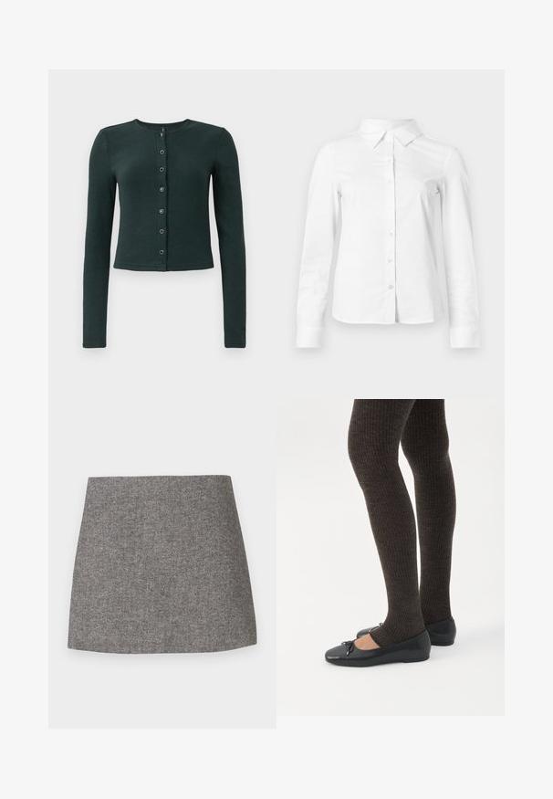Cardigan côtelé vert foncé à manches longues, col rond et fermeture par bouton sur le devant avec six boutons métalliques.; Chemise blanche à manches longues avec boutons, col pointu, ourlet droit et silhouette ajustée, présentée sur un fond clair uni.; Jupe à motif chevrons en tissu gris, présentant une silhouette ajustée avec une texture lisse et un ourlet droit et net.; Jambes portant des leggings côtelés foncés associés à des ballerines noires avec de petits détails en nœud sur fond blanc.