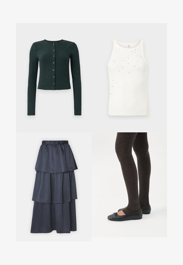 Mørkegrøn, ribbet cardigan med lange ærmer, rund halsudskæring og knaplukning foran med seks metalknapper.; Hvid ærmeløs ribbet tanktop med rund halsudskæring, pyntet med spredte små sølvnitter på frontens øverste venstre side.; Marinenblå, lagdelt maxinederdel lavet af glat stof med en elastisk talje. Har tre flydende lag for en struktureret silhuet.; Ben iført mørke ribbede leggings kombineret med sorte balletsko med små sløjfedetaljer på hvid baggrund.