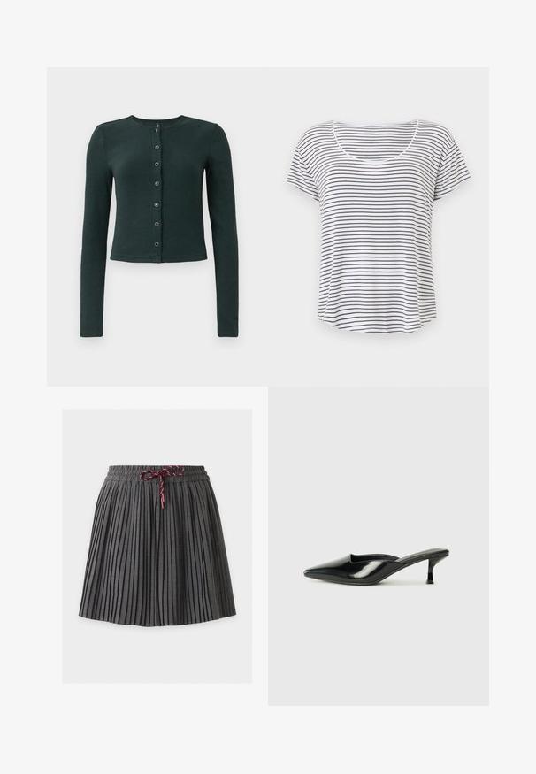 Cardigan côtelé vert foncé à manches longues, col rond et fermeture par bouton sur le devant avec six boutons métalliques.; T-shirt blanc à manches courtes avec de fines rayures horizontales noires et un col arrondi, présenté sur un fond blanc uni.; Jupe plissée gris foncé avec une taille élastique et un cordon bordeaux noué au centre devant.; Mules en cuir verni noir avec un bout pointu, un petit talon et des côtés courbés, présentant une finition brillante et un design minimaliste.