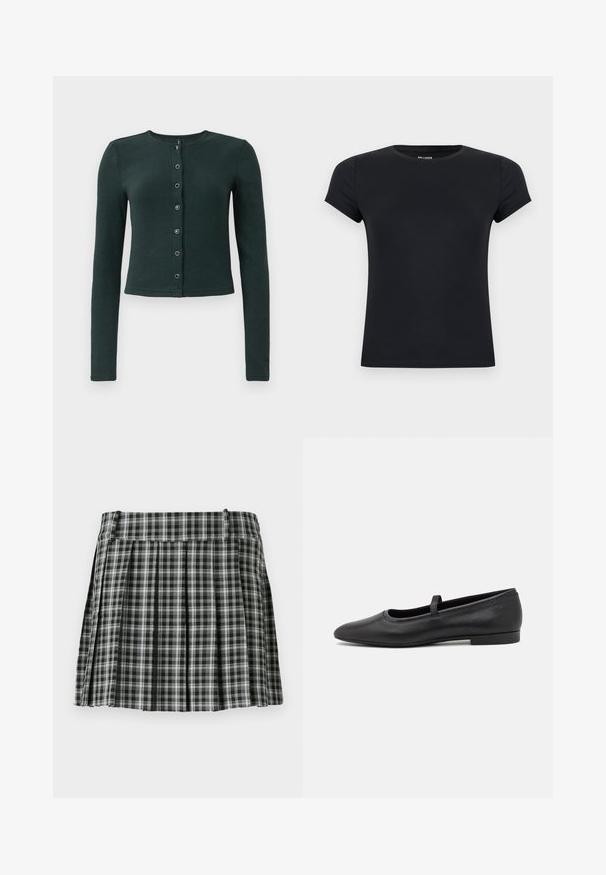 Cardigan côtelé vert foncé à manches longues, col rond et fermeture par bouton sur le devant avec six boutons métalliques.; T-shirt noir uni à manches courtes, col rond, ajusté, avec une étiquette de marque discrète à l'intérieur du col sur fond blanc.; Jupe plissée à carreaux noir et blanc avec une taille lisse et de multiples plis verticaux. Fabriquée en tissu léger.; Ballerines noires en cuir lisse, avec un bout rond, une petite sangle sur le dessus et un design minimaliste.