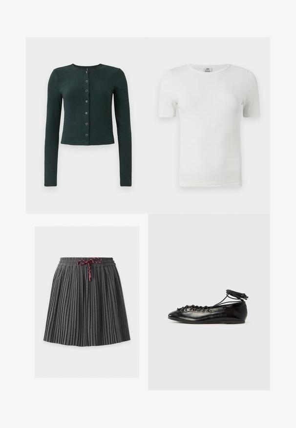 Mørkegrøn, ribbet cardigan med lange ærmer, rund halsudskæring og knaplukning foran med seks metalknapper.; Hvid ribstrikket T-shirt med korte ærmer og rund hals, med tætsiddende pasform og JDY-mærkat indeni nakken.; Mørkegrå plisseret nederdel med elastik i taljen og en bundet vinrød snor foran i midten.; Sorte balletflade sko i laklæder med rundet tå, snørelukning og flad sål. Glat tekstur med få detaljer.