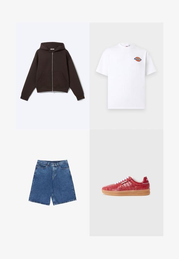 Musta vetoketjullinen huppari, jossa etutaskut ja huppu, aseteltu tasaisesti valkoista taustaa vasten.; Valkoinen lyhythihainen t-paita, jossa pieni värikäs Dickies-logo vasemmassa rinnassa ja pyöreä pääntie.; Keskitummansiniset farkkushortsit, joissa rento istuvuus, viiden taskun malli ja rispaantuneet reunat. Klassinen farkkukangasnapit ja vetoketjukiinnitys.; Punaiset nahkalenkkarit, joissa on krokotiilikuosiset pinnat, valkoiset nauhat ja kumipohja. Ominaisuuksiin kuuluu tikattu takapuoli ja logotieto kantapäällä.